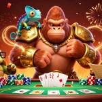 Experience the thrill of 98win with a powerful gorilla king and colorful chameleon companion at the poker table.