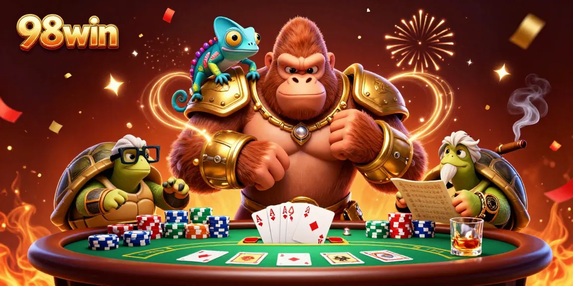 Experience the thrill of 98win with a powerful gorilla king and colorful chameleon companion at the poker table.