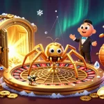 Place bets at BL555 while the golden spider spins the roulette wheel with jewels scattered around.