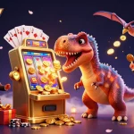 gg777 jackpot celebration with a cartoon dinosaur, golden coins and vibrant casino elements