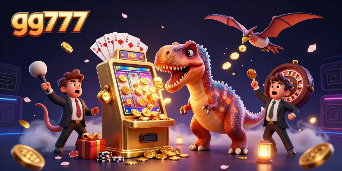 gg777 jackpot celebration with a cartoon dinosaur, golden coins and vibrant casino elements