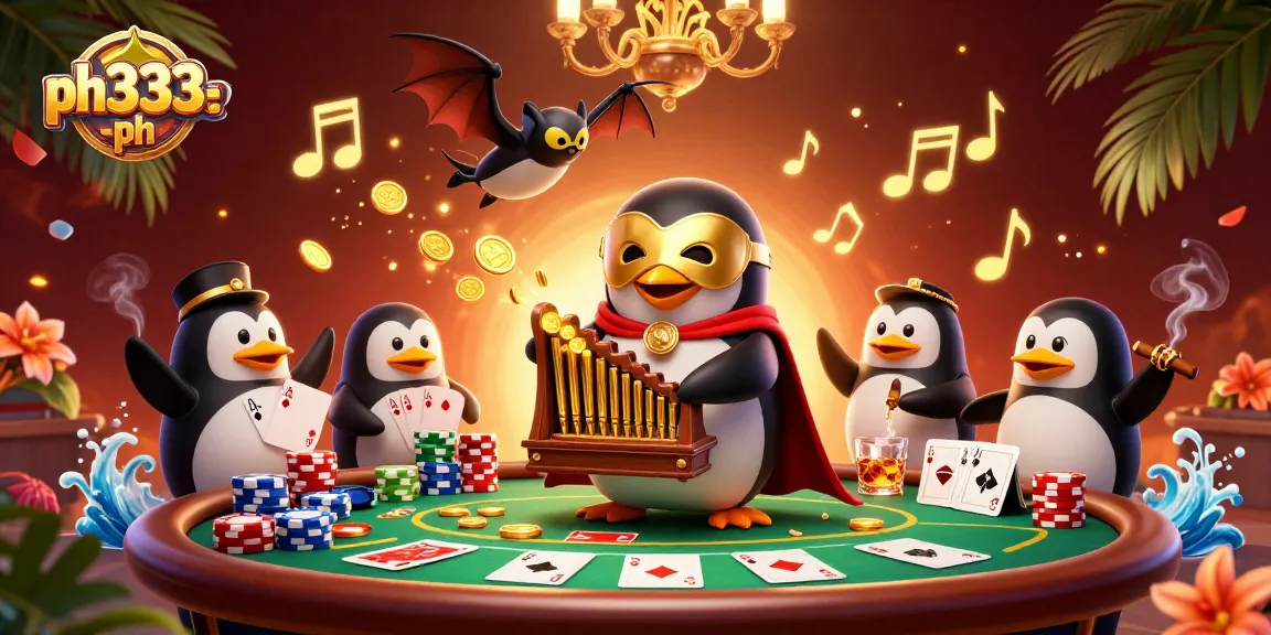 Play thrilling games at ph333-ph with a vibrant online casino scene, featuring lively characters and poker elements.