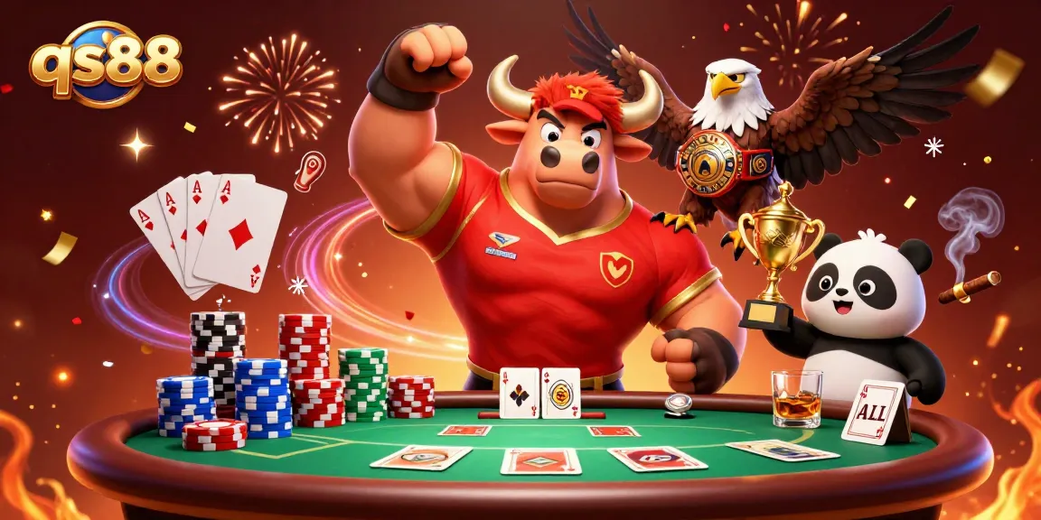 Experience thrilling gaming action with qs88 as a victorious bull mascot, eagle, and panda celebrate with poker elements.