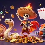 Join Hubet's thrilling jackpot adventure with vibrant casino characters in a festive scene filled with golden coins and excitement.