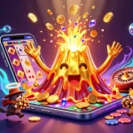 Experience the thrilling excitement of 23win with vibrant slot games and treasures erupting from a golden volcano.