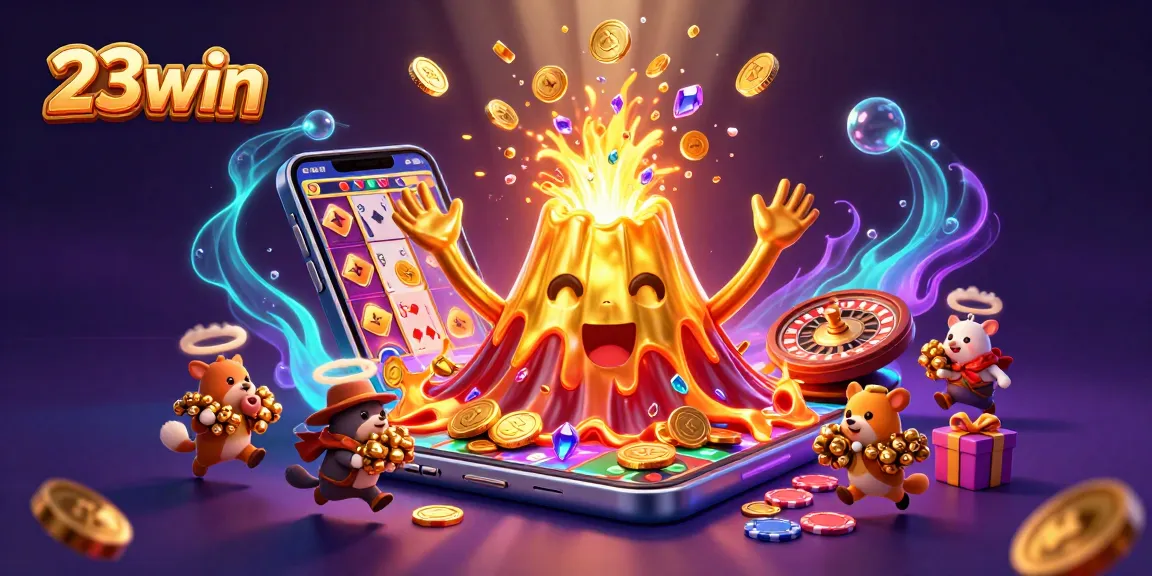 Experience the thrilling excitement of 23win with vibrant slot games and treasures erupting from a golden volcano.