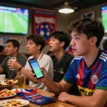 Kèo nhà cái scene showcasing enthusiastic fans watching a live football match in a vibrant sports bar.