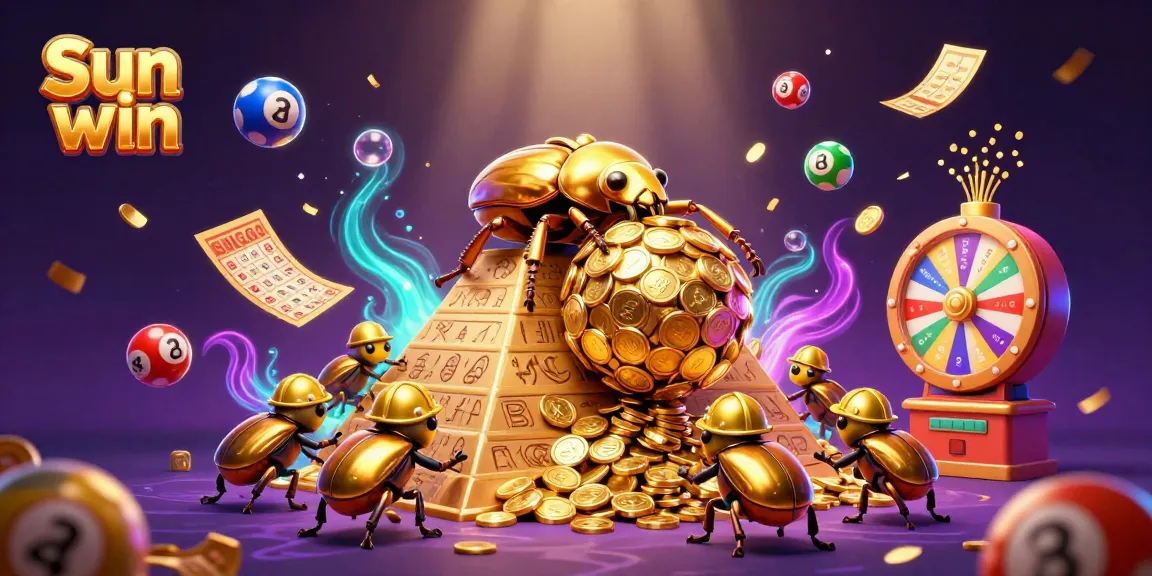 Experience the excitement of Sun win with a vibrant 3D illustration featuring golden coins, lottery elements, and dynamic casino symbols.