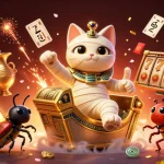Experience the thrilling excitement of JL9 casino with an Egyptian mummy cat amidst a vibrant gaming scene.
