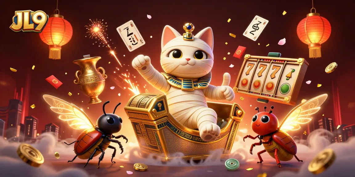 Experience the thrilling excitement of JL9 casino with an Egyptian mummy cat amidst a vibrant gaming scene.