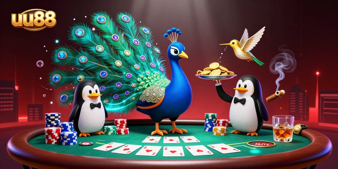 Experience the excitement of uu88 as a peacock and friends engage in poker at a dazzling casino.