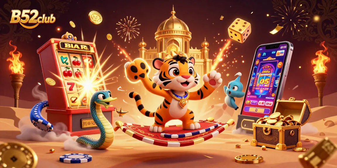 Engage with B52club's vibrant casino world featuring a sultan, magic lamp, and jackpot excitement.
