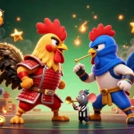 ONE88 features lively roosters in a spirited standoff amid exciting casino elements and arcade games.