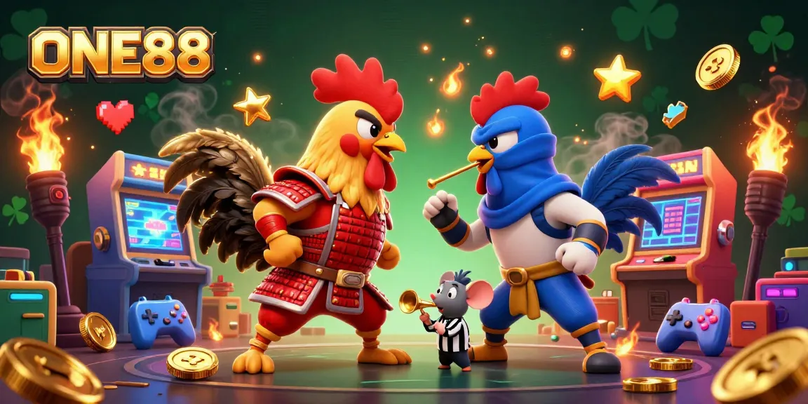 ONE88 features lively roosters in a spirited standoff amid exciting casino elements and arcade games.