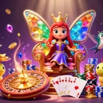 Experience the thrill of 8kbet with a vibrant casino scene featuring a majestic butterfly queen and golden game elements.