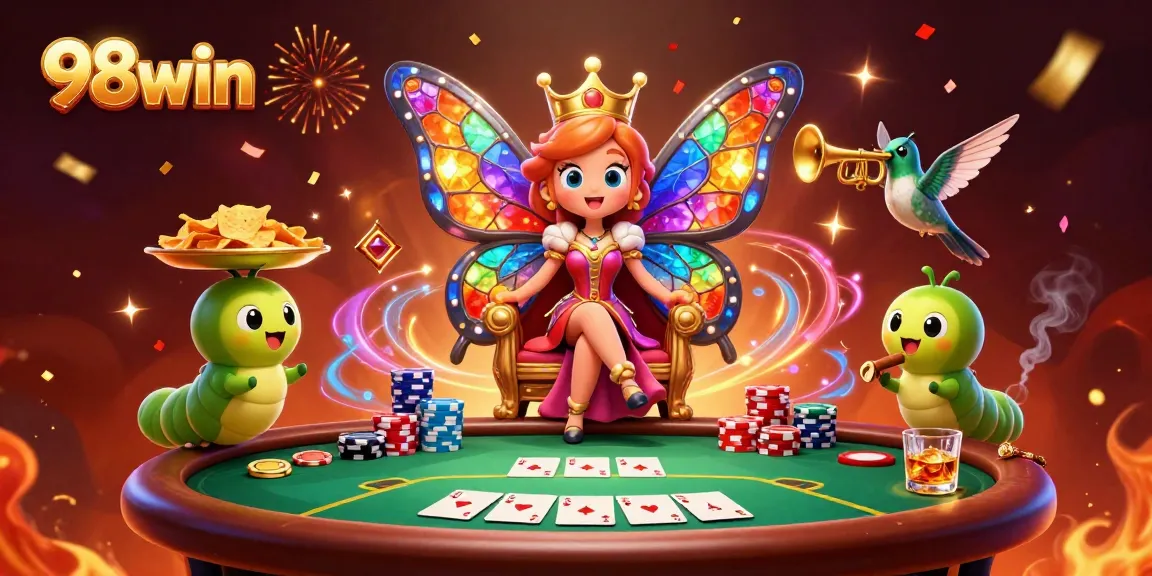 Experience thrilling gaming with 98win as a whimsical butterfly queen presides over a vibrant casino scene.