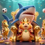 Betting excitement at FIVE88 with a fierce golden hamster king, sports elements, and a dynamic 3D scene.
