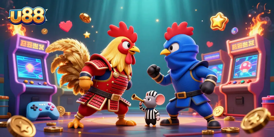 Experience thrilling battles at u88 with fighting roosters and vibrant arcade machines in a dynamic casino illustration.