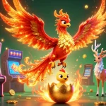 Hitclub engages players with slots, vibrant phoenix and mystical stag in a dazzling casino scene.