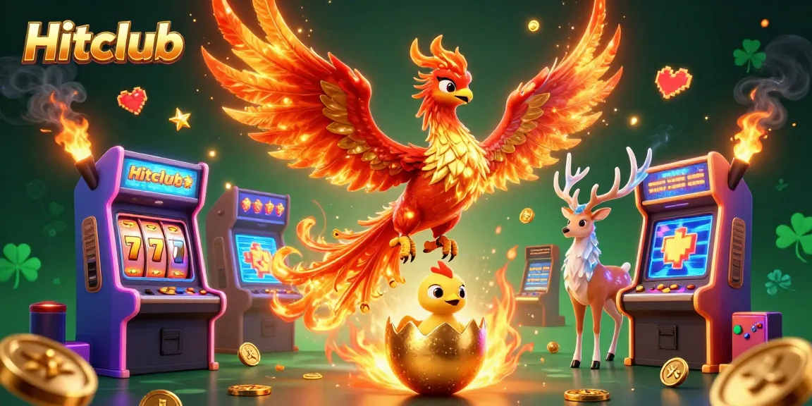 Hitclub engages players with slots, vibrant phoenix and mystical stag in a dazzling casino scene.