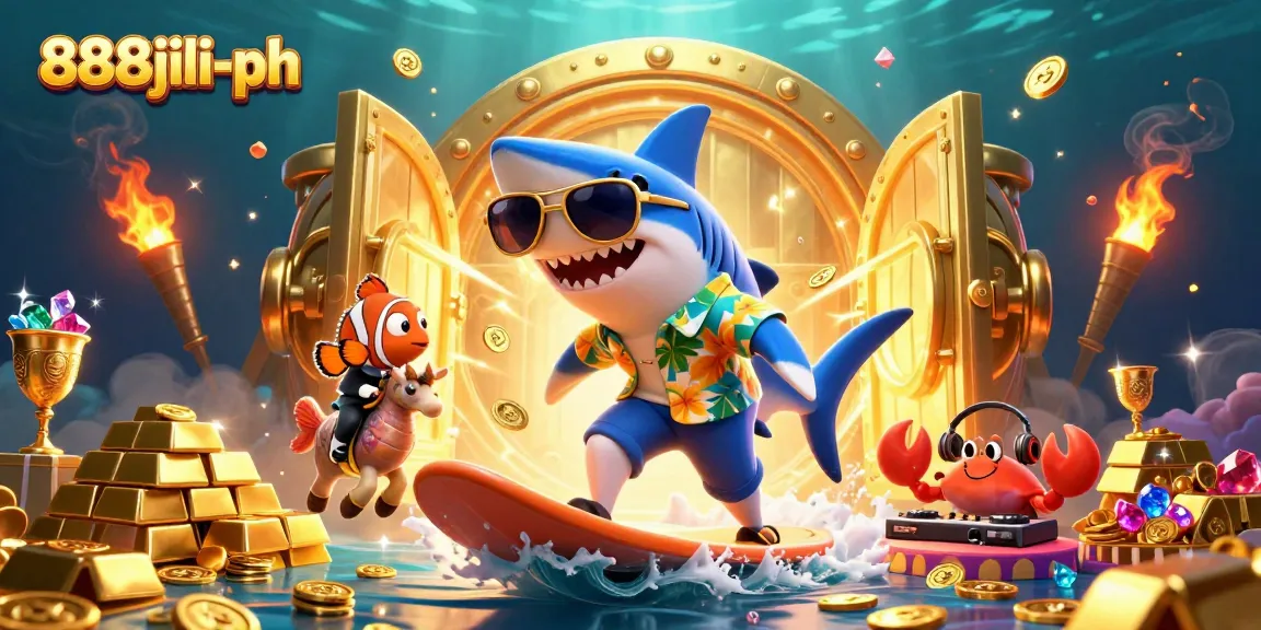 Experience the thrill of 888jili-ph with a vibrant underwater casino scene featuring a shark, clownfish, and crab among gold coins.