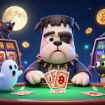 Engage with J88 at a vibrant casino table featuring card dealing and Halloween characters.