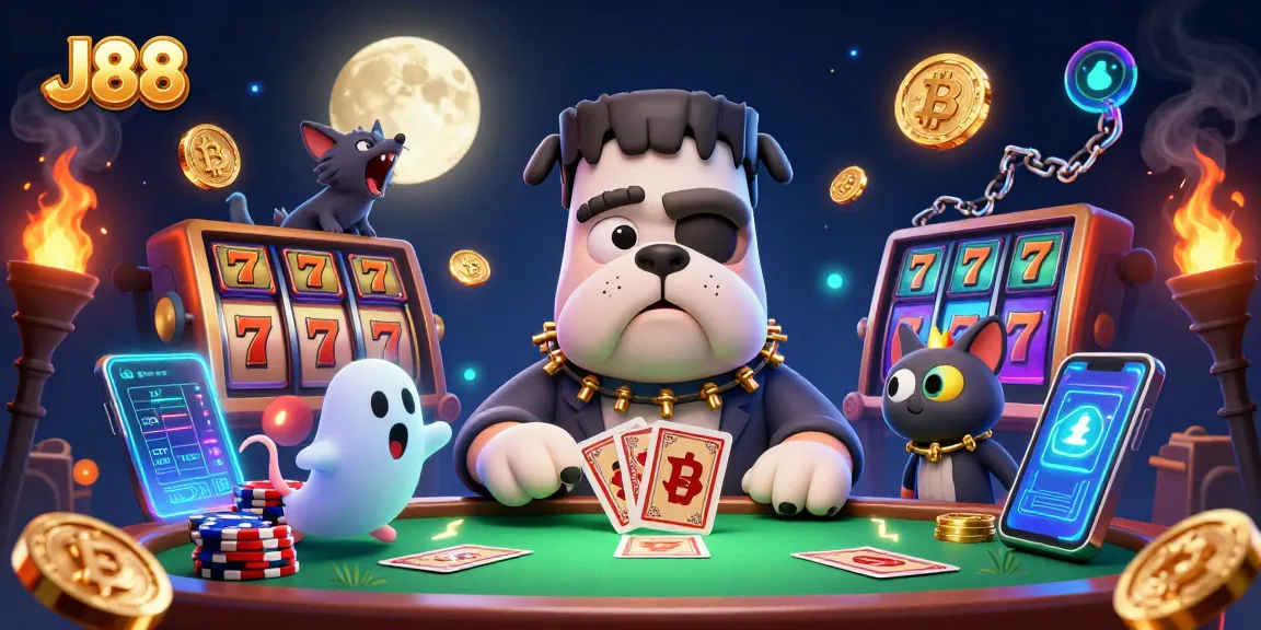 Engage with J88 at a vibrant casino table featuring card dealing and Halloween characters.
