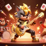 Engaging illustration of FV88's lively casino scene featuring a cartoon rock star wolf and drummer bear.