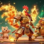 Engage with phtaya-1's thrilling elements where a rooster warrior battles in a vibrant casino arena.