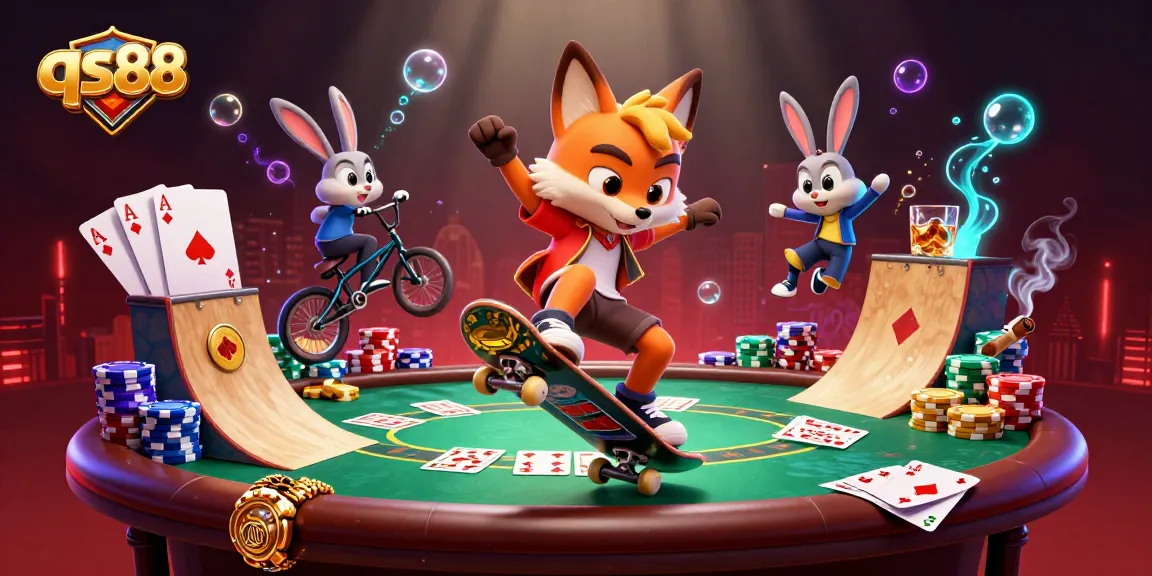 Experience the thrill of qs88 with a colorful 3D cartoon scene of gaming excitement and action.