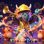 Engage with 88vv's vibrant 3D casino illustration featuring unique dinosaur characters celebrating in a dynamic gaming scene.
