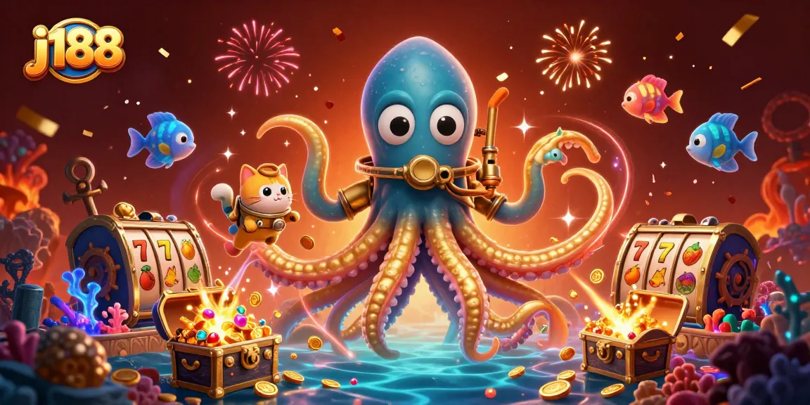 Experience j188's excitement with a kraken, diving cat, and vibrant casino elements.