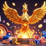Experience F8BET's dynamic gaming scene with a molten gold phoenix and vibrant casino elements.