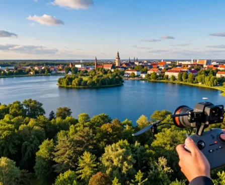 Zdjęcia z drona Olsztyn, operator kontrolujący drona nad jeziorami i zielenią miasta w pięknej scenerii.