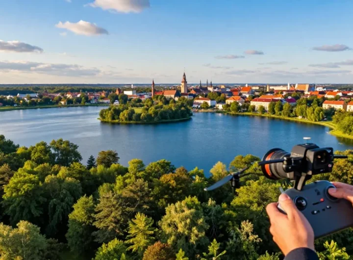Zdjęcia z drona Olsztyn, operator kontrolujący drona nad jeziorami i zielenią miasta w pięknej scenerii.