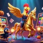 Experience thrilling gameplay at TR88's vibrant casino with dynamic slot reels and a golden rooster in action.
