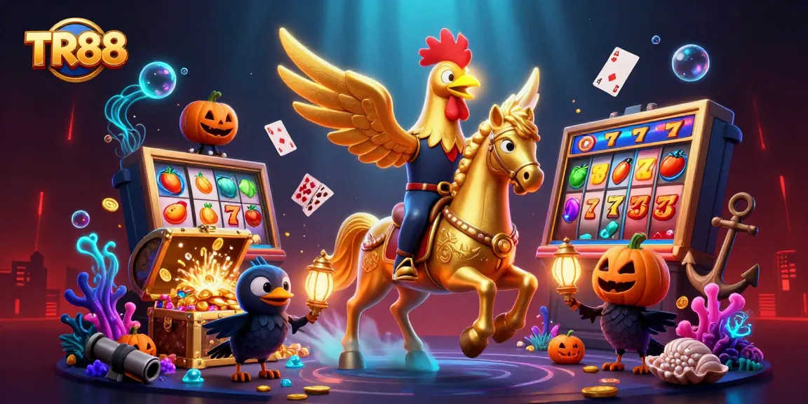 Experience thrilling gameplay at TR88's vibrant casino with dynamic slot reels and a golden rooster in action.
