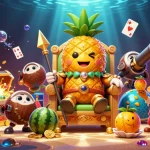 Engage with open88's vibrant casino realm featuring a golden pineapple king amidst treasure and thrilling games.