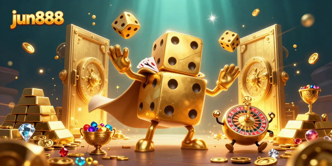 Experience the thrilling luck of jun888 with a vibrant casino adventure featuring a golden dice golem.