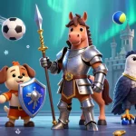 Experience dynamic gaming with haywin, featuring a knight, squire puppy, and falcon amidst sports betting elements.
