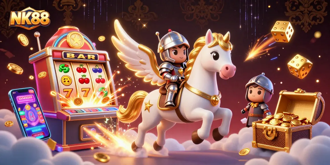 Experience exciting slots with NK88's dazzling jackpot scene full of gold coins and glowing treasures.