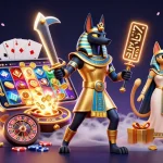 Experience thrilling moments with luong son tv and a 3D scene of an Egyptian warrior and sacred cat amidst gambling elements.