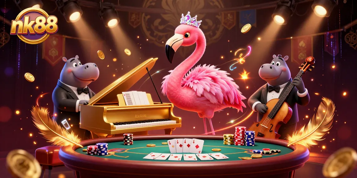 Experience thrilling nk88 poker action with vibrant musicians amidst radiant casino elements.