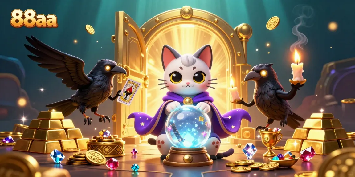 Immerse in the mystical world of 88aa with fortune teller cat, glowing raven, and treasure galore.