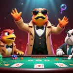 Watch the raptors in a trench coat attempting to sneak into the f8bettt VIP casino lounge amidst poker chips and excitement.
