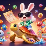 Experience winning thrills at KK55 with an adorable rabbit and a golden turtle in this vibrant casino scene.