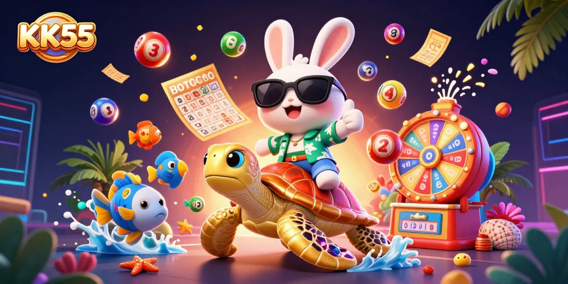 Experience winning thrills at KK55 with an adorable rabbit and a golden turtle in this vibrant casino scene.