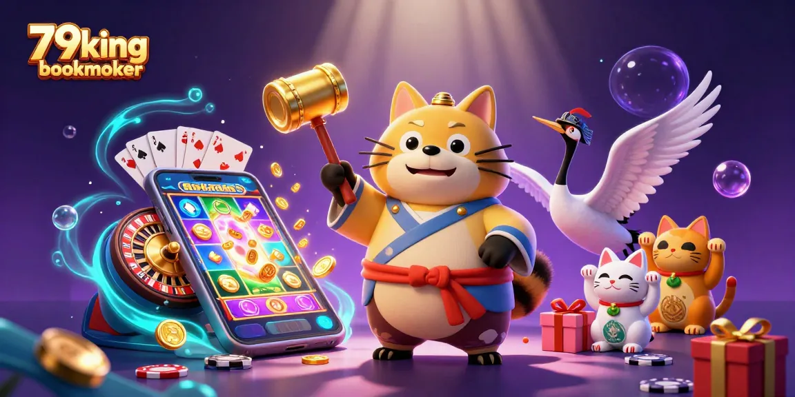 Engage with the exciting world of 79king bookmaker through this vibrant illustration featuring playful characters and dynamic gaming elements.