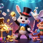 Experience the thrill of ok fun as the magician rabbit unveils treasures in a lively casino scene.