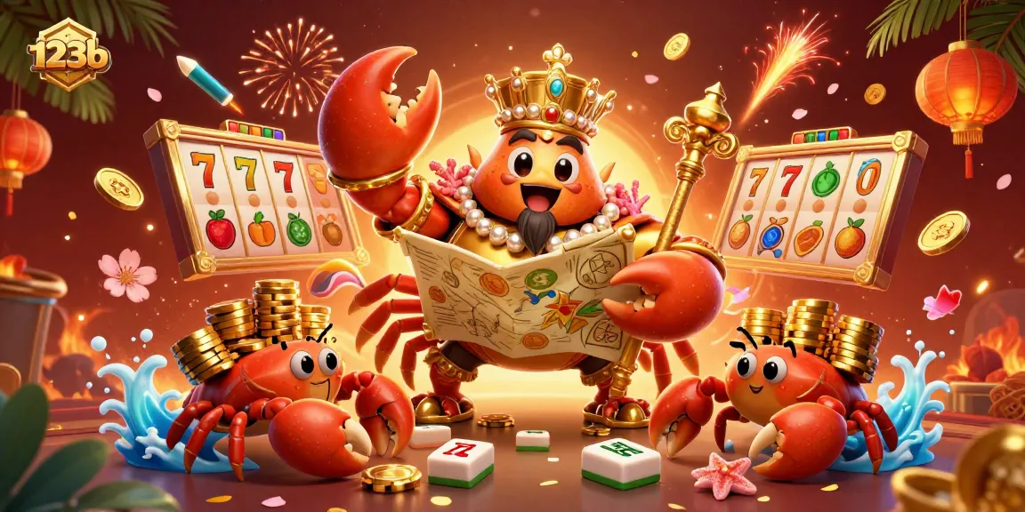 Experience the excitement of 123b slots with a golden crab emperor and treasure map in a vibrant scene.